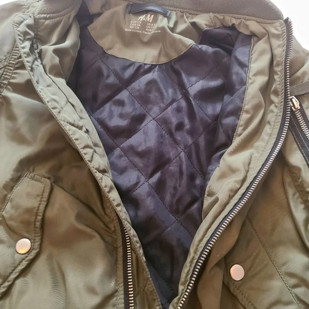 H&M Coat Lined‎ Zippered Warm Army Green sz 8-9 yrs